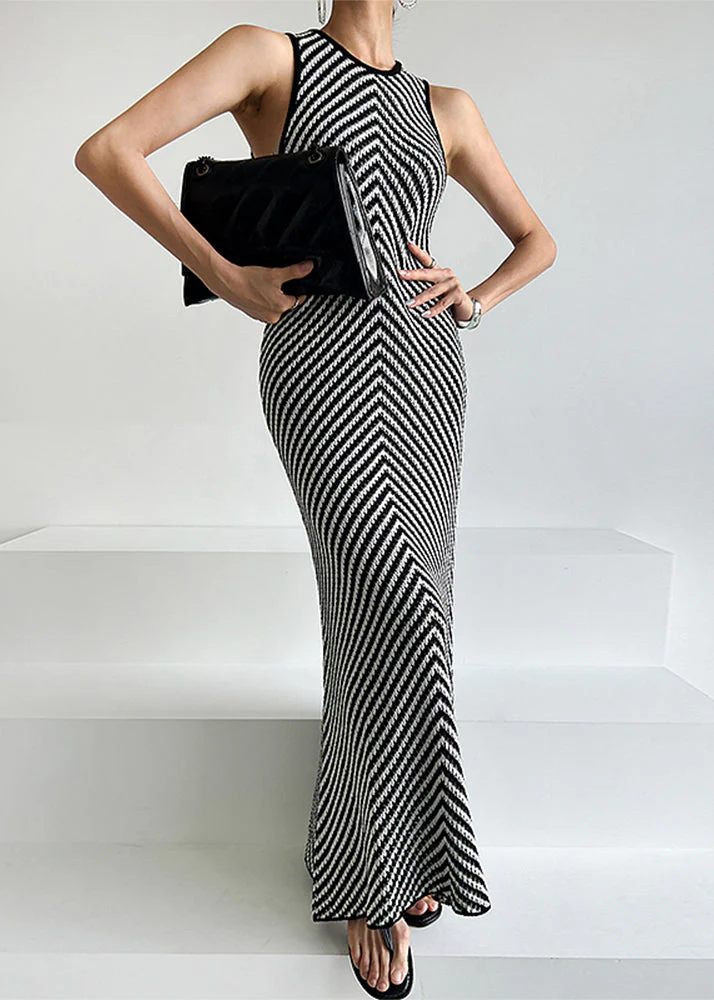 Silm Fit Black Striped Knit Ankle Dress Sleeveless - Image 2