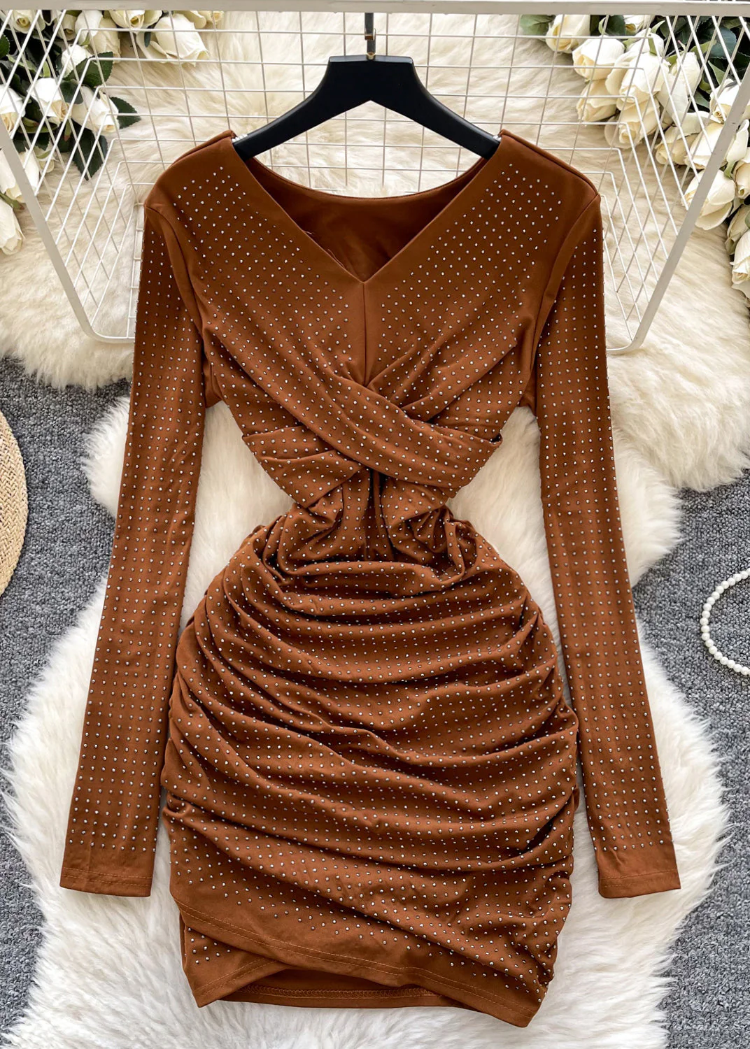 Silm Fit Coffee Zircon Cotton Wraped Dress Spring