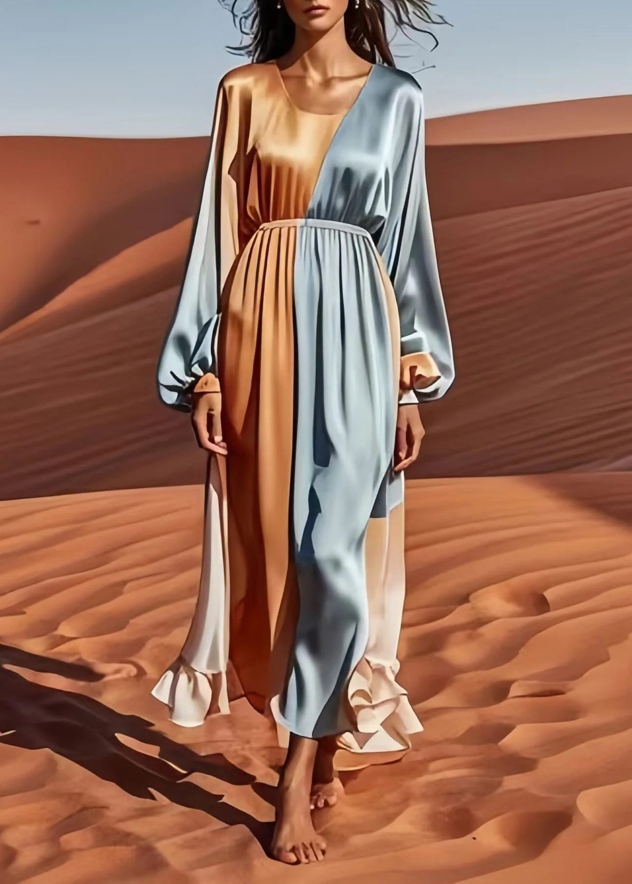 Silm Fit Colorblock Asymmetrical Patchwork Silk Vacation Dress Spring - Image 2
