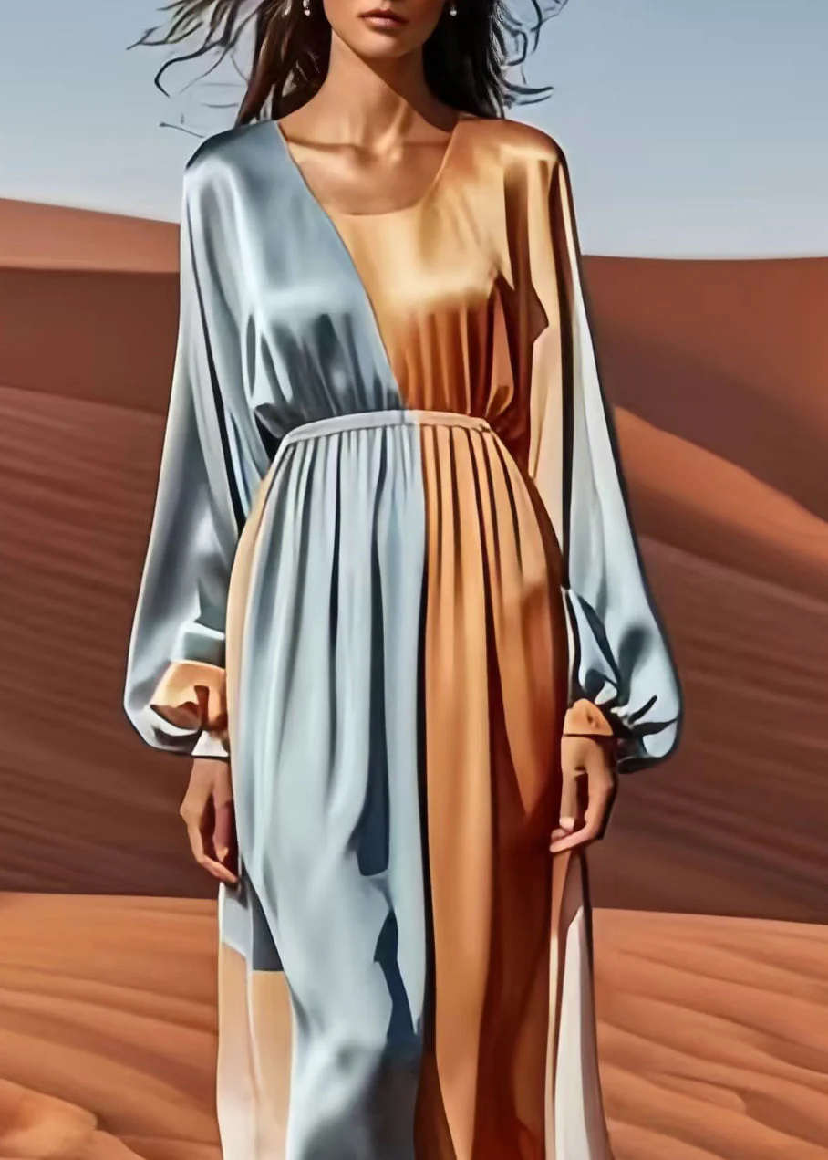 Silm Fit Colorblock Asymmetrical Patchwork Silk Vacation Dress Spring - Image 3