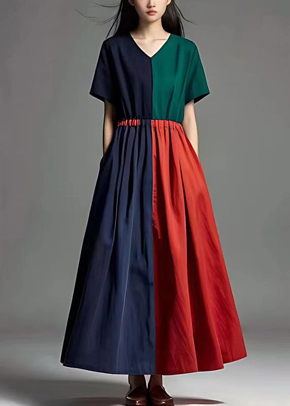 Silm Fit Colorblock V Neck Patchwork Cotton Vacation Dresses Summer - Image 2
