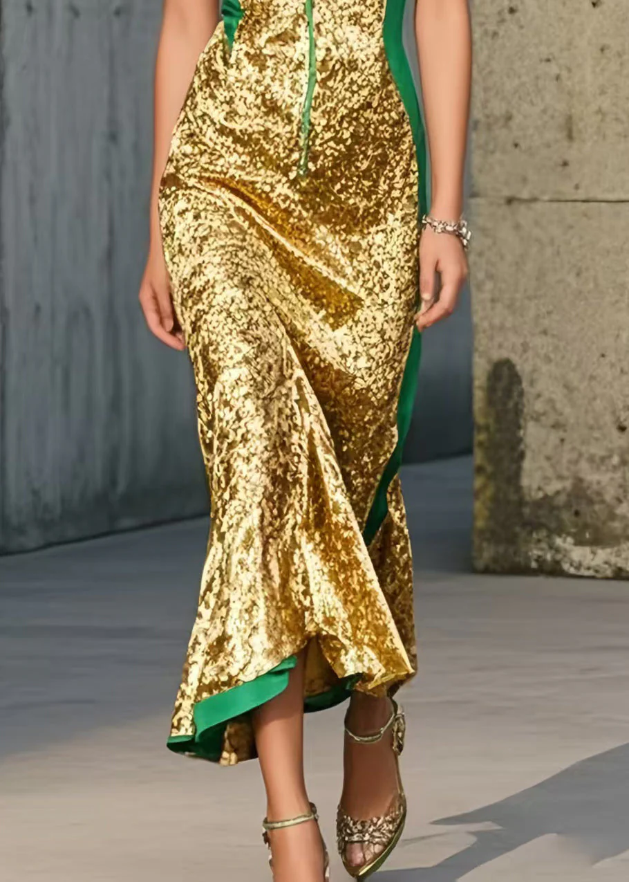 Silm Fit Golden Deep-V Neck Wraped Halter Sundress - Image 4