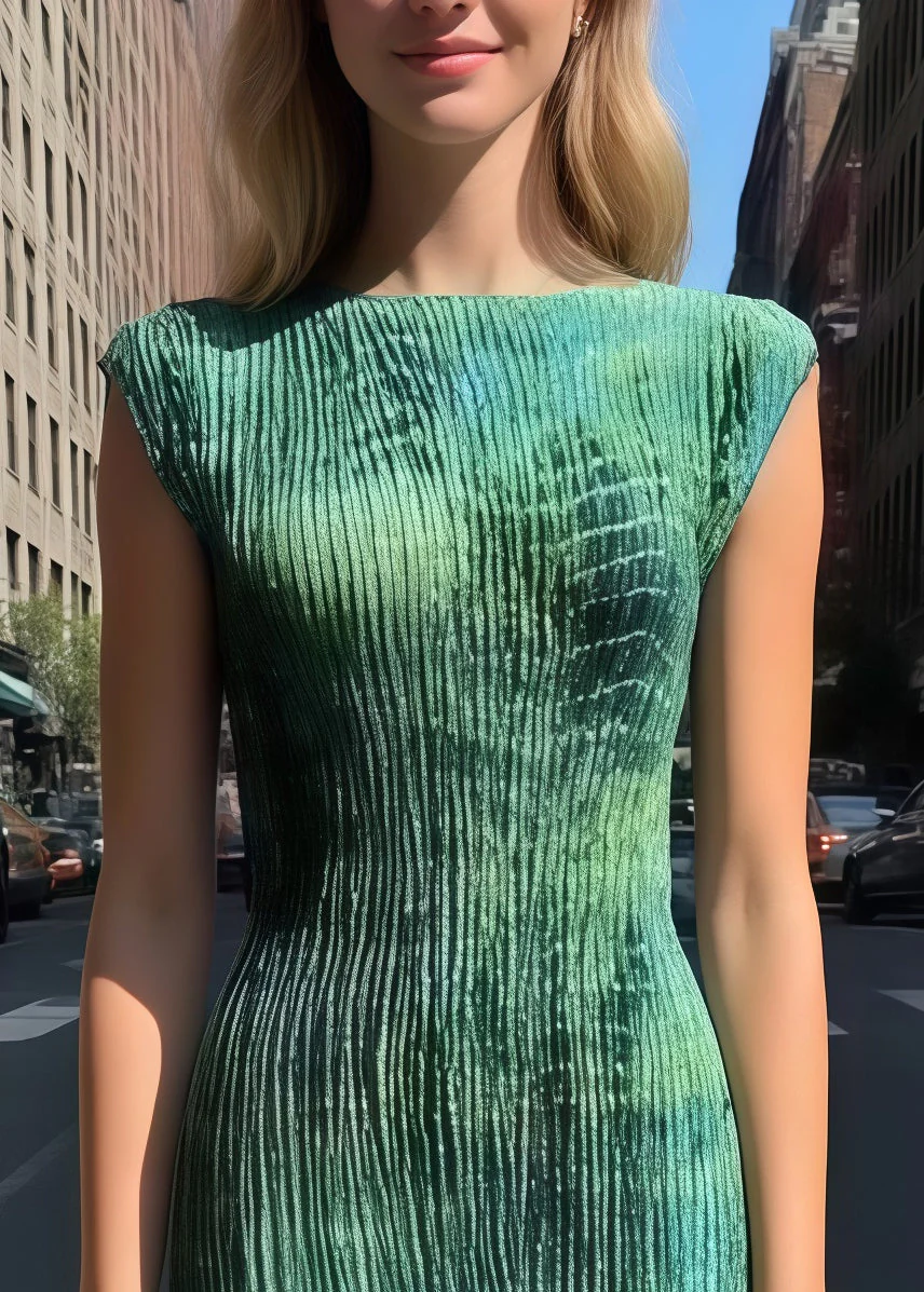 Silm Fit Green Tie Dye Wrinkled Silk Party Dresses Sleeveless - Image 2