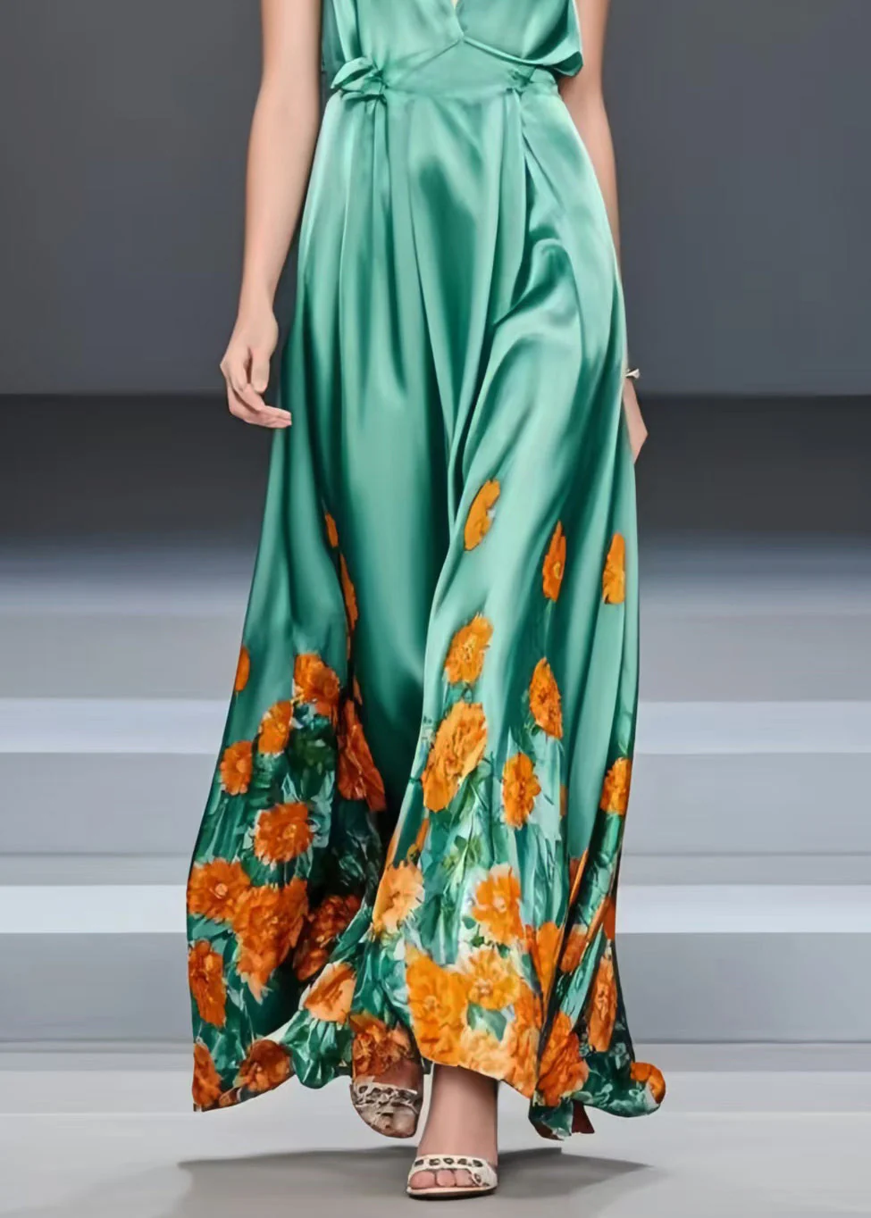 Silm Fit Green V Neck Print Silk Vacation Dresses Sleeveless - Image 4