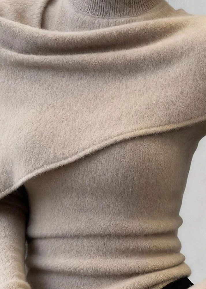 Silm Fit Khaki High Neck Shawl Knit Sweaters Spring - Image 2