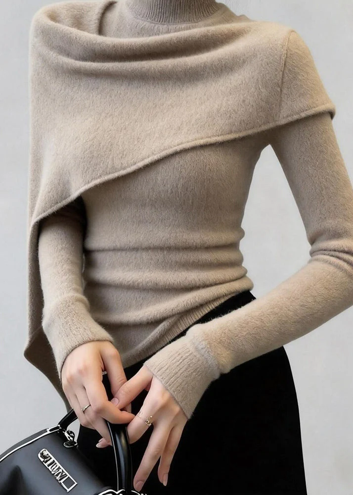 Silm Fit Khaki High Neck Shawl Knit Sweaters Spring - Image 3