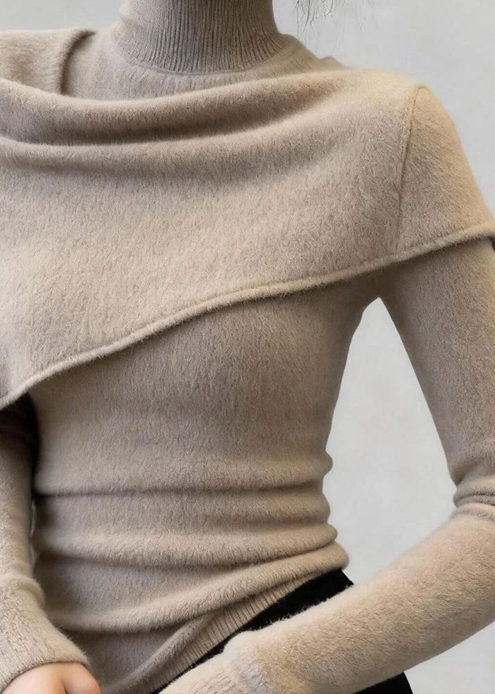 Silm Fit Khaki High Neck Shawl Knit Sweaters Spring - Image 4