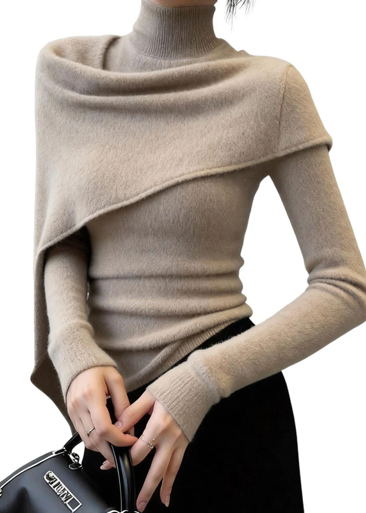Silm Fit Khaki High Neck Shawl Knit Sweaters Spring - Image 5