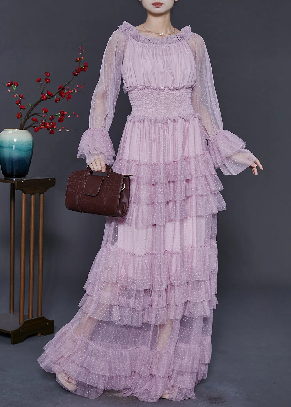 Silm Fit Lavender Elastic Waist Patchwork Tulle Maxi Dresses Spring - Image 2