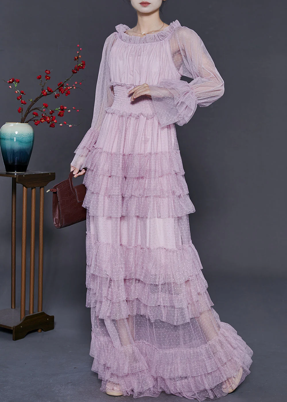 Silm Fit Lavender Elastic Waist Patchwork Tulle Maxi Dresses Spring - Image 3