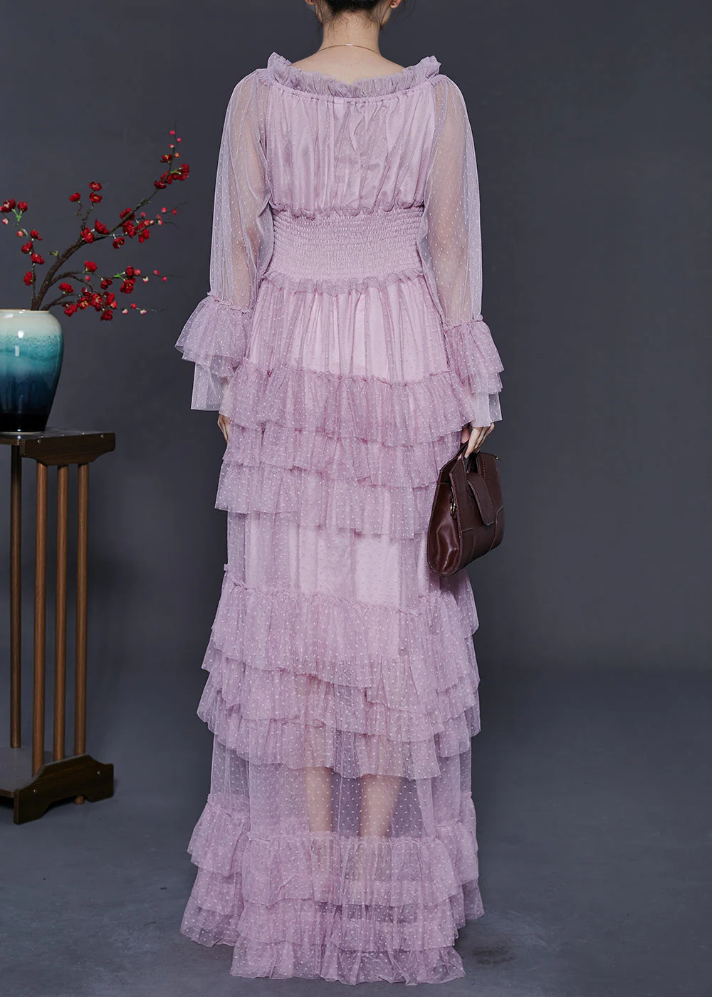 Silm Fit Lavender Elastic Waist Patchwork Tulle Maxi Dresses Spring - Image 4