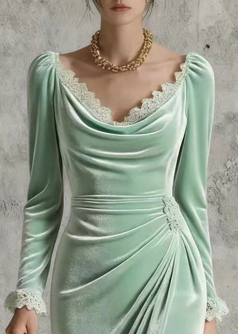 Silm Fit Light Green Lace Patchwork Wrinkled Silk Velvet Long Dress Spring - Image 2