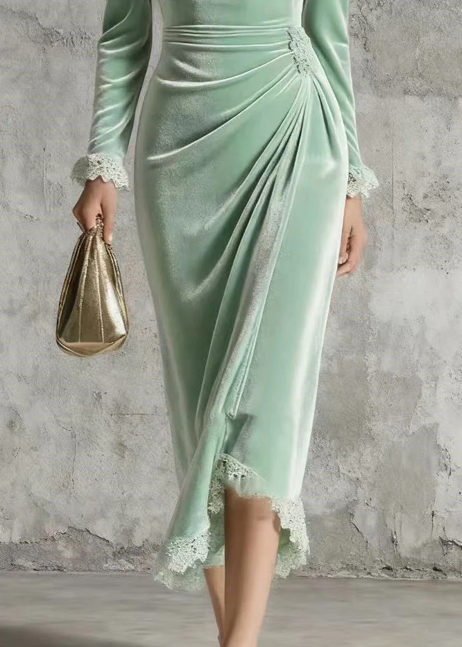 Silm Fit Light Green Lace Patchwork Wrinkled Silk Velvet Long Dress Spring - Image 4