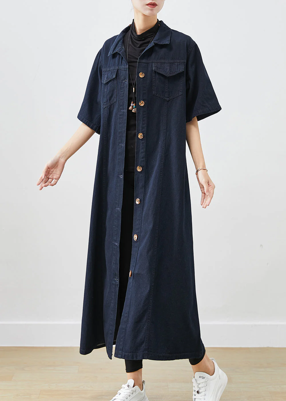 Silm Fit Navy Button Down Cotton A Line Dresses Short Sleeve - Image 2