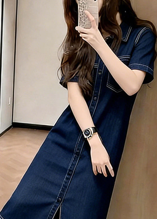 Silm Fit Navy Ruffled Patchwork Denim Maxi Dresses Summer - Image 2
