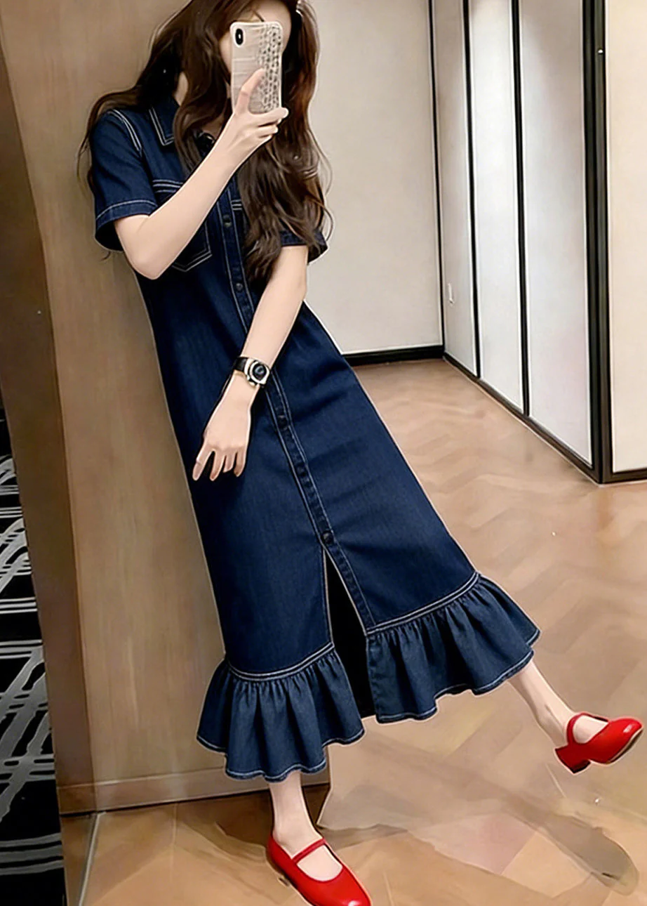Silm Fit Navy Ruffled Patchwork Denim Maxi Dresses Summer - Image 3