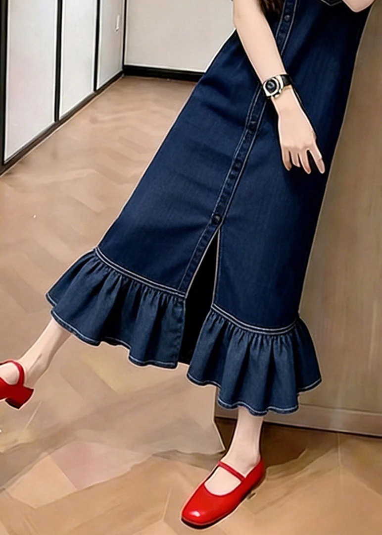 Silm Fit Navy Ruffled Patchwork Denim Maxi Dresses Summer - Image 4