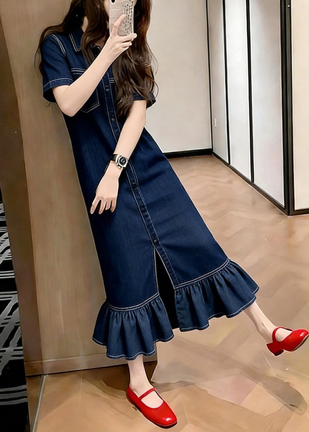 Silm Fit Navy Ruffled Patchwork Denim Maxi Dresses Summer - Image 5