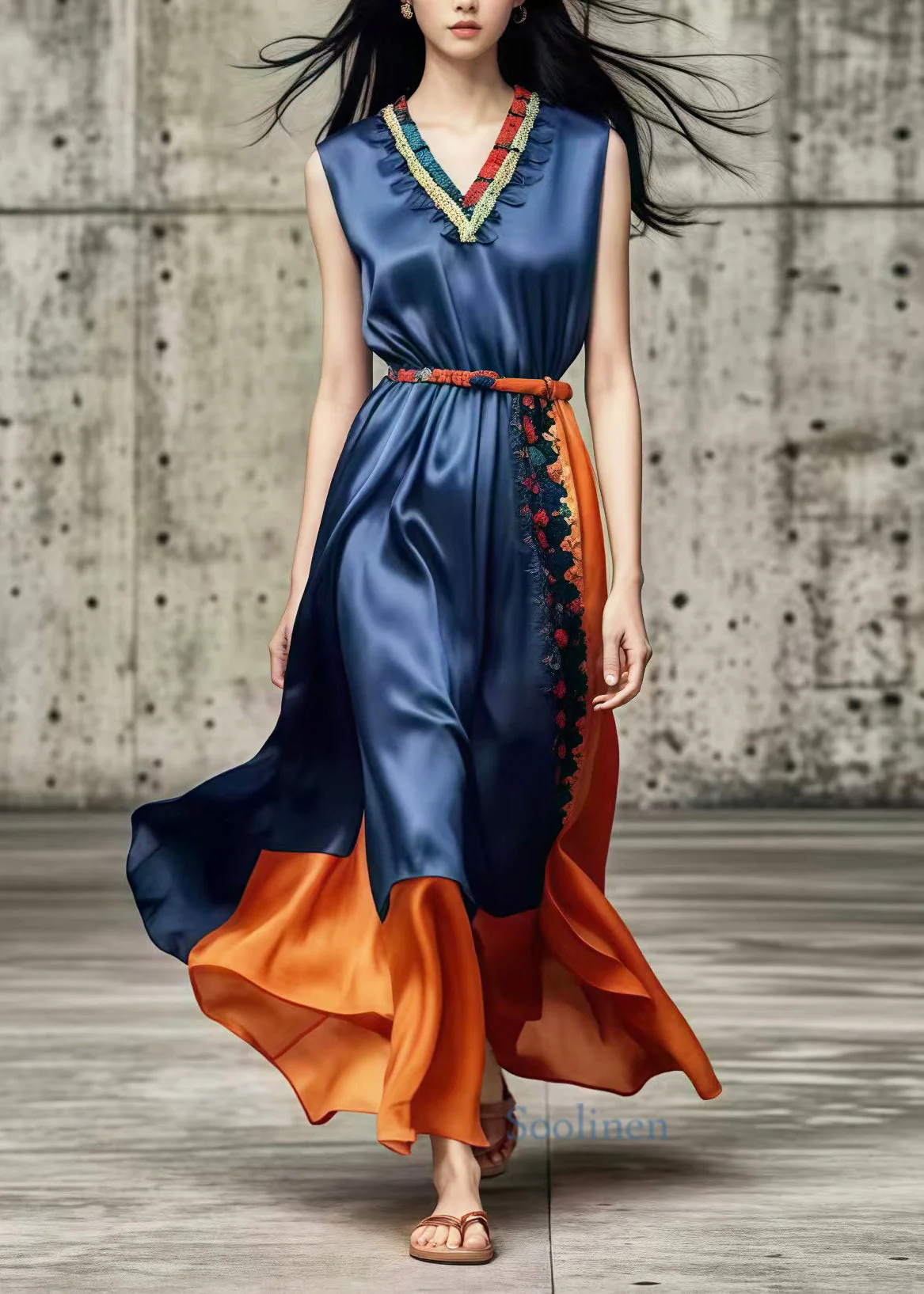 Silm Fit Navy Ruffled Patchwork Silk Holiday Dress Summer - Image 2