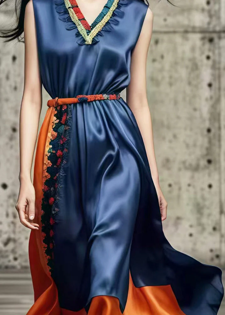 Silm Fit Navy Ruffled Patchwork Silk Holiday Dress Summer - Image 4