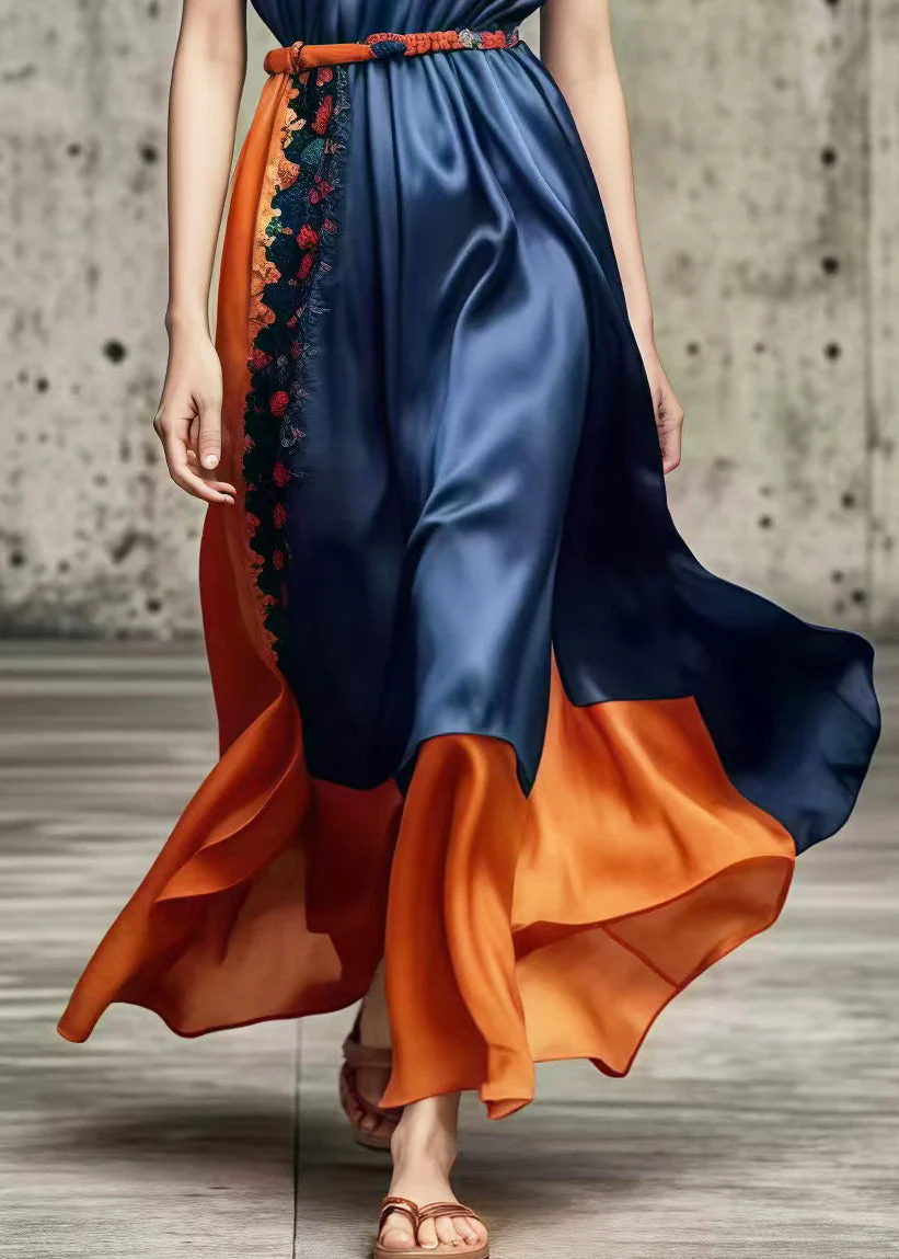 Silm Fit Navy Ruffled Patchwork Silk Holiday Dress Summer - Image 5