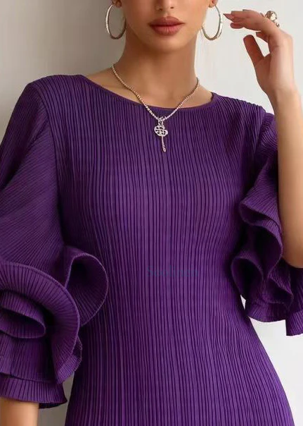 Silm Fit Purple O-Neck Patchwork Cotton Mini Dresses Petal Sleeve - Image 2
