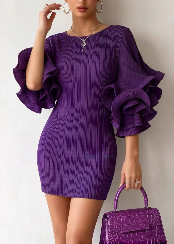 Silm Fit Purple O-Neck Patchwork Cotton Mini Dresses Petal Sleeve - Image 3