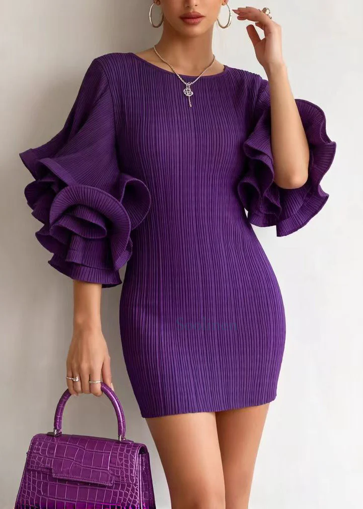 Silm Fit Purple O-Neck Patchwork Cotton Mini Dresses Petal Sleeve - Image 5