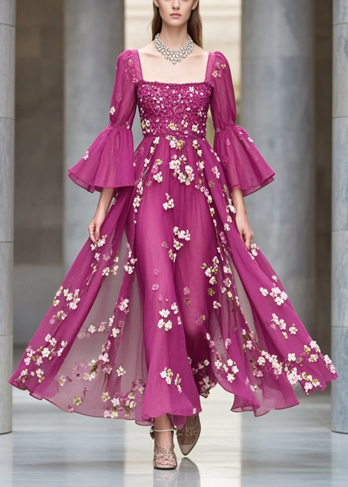 Silm Fit Purple Square Collar Print Chiffon Maxi Dresses Summer - Image 3