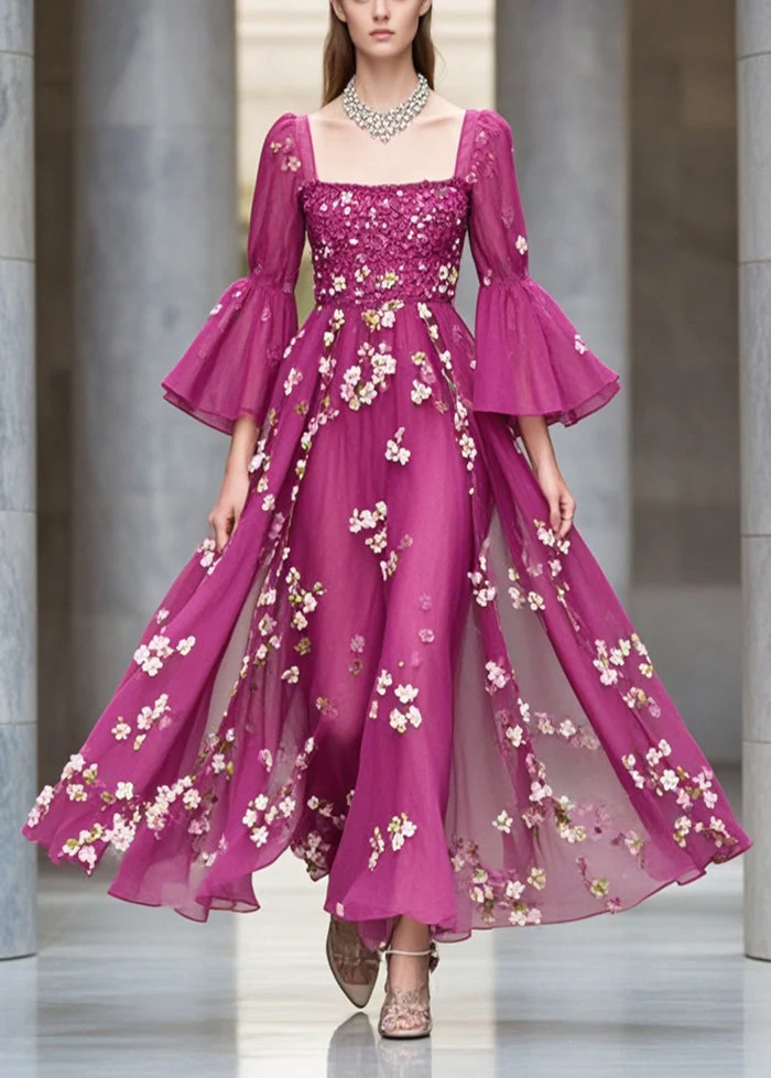 Silm Fit Purple Square Collar Print Chiffon Maxi Dresses Summer - Image 5
