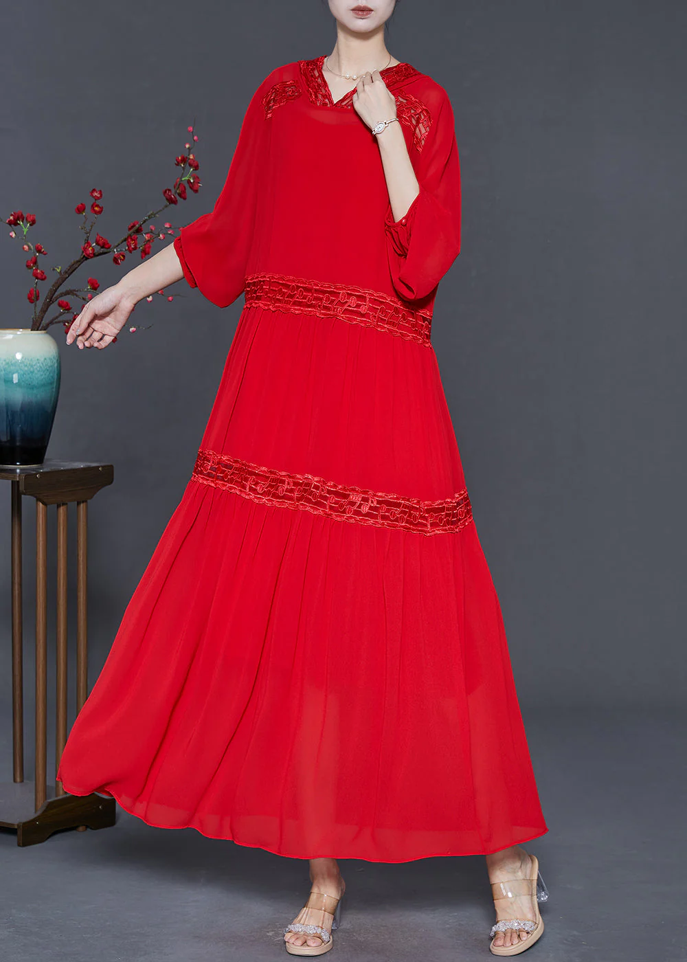 Silm Fit Red Hooded Patchwork Lace Chiffon Robe Dresses Spring - Image 2