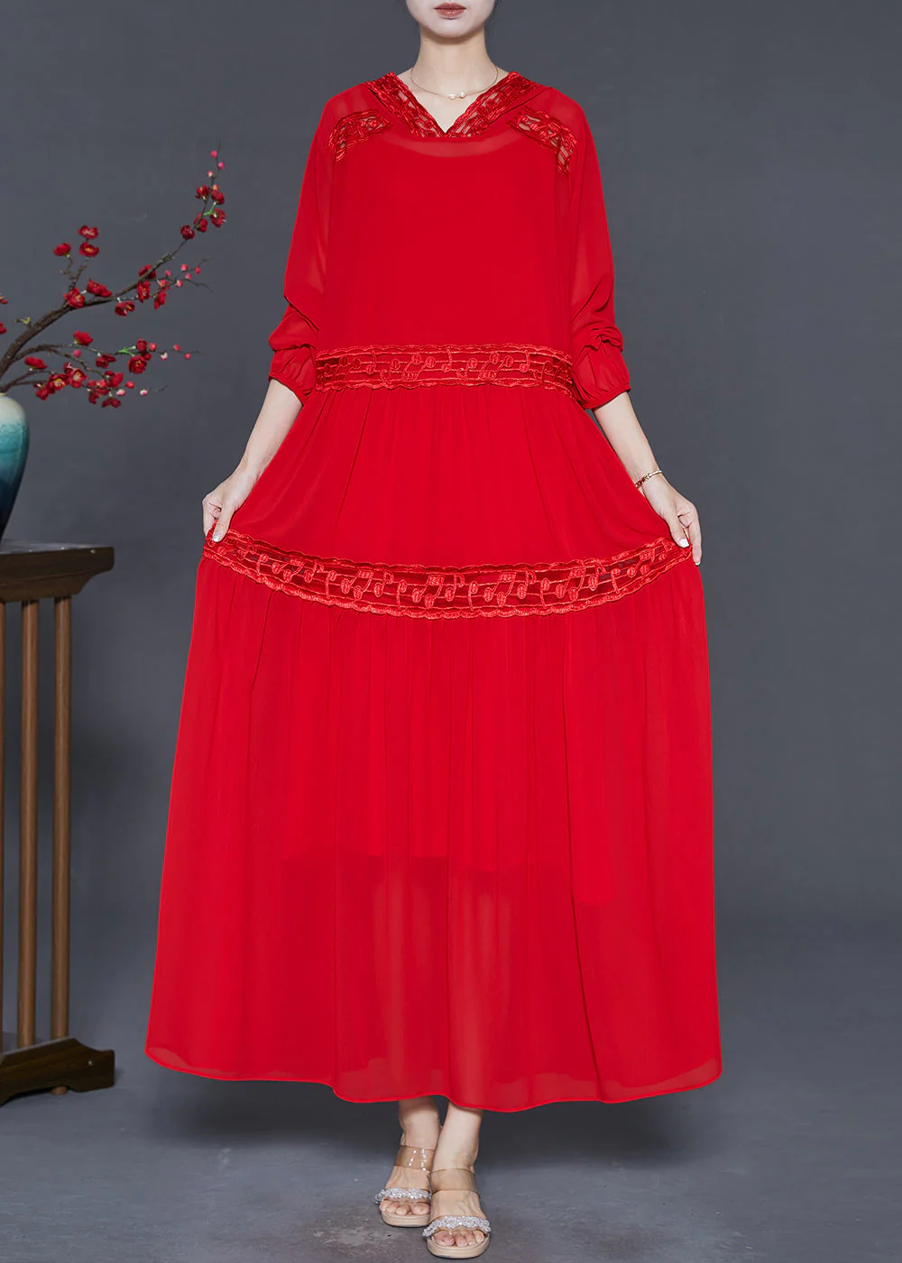 Silm Fit Red Hooded Patchwork Lace Chiffon Robe Dresses Spring - Image 3