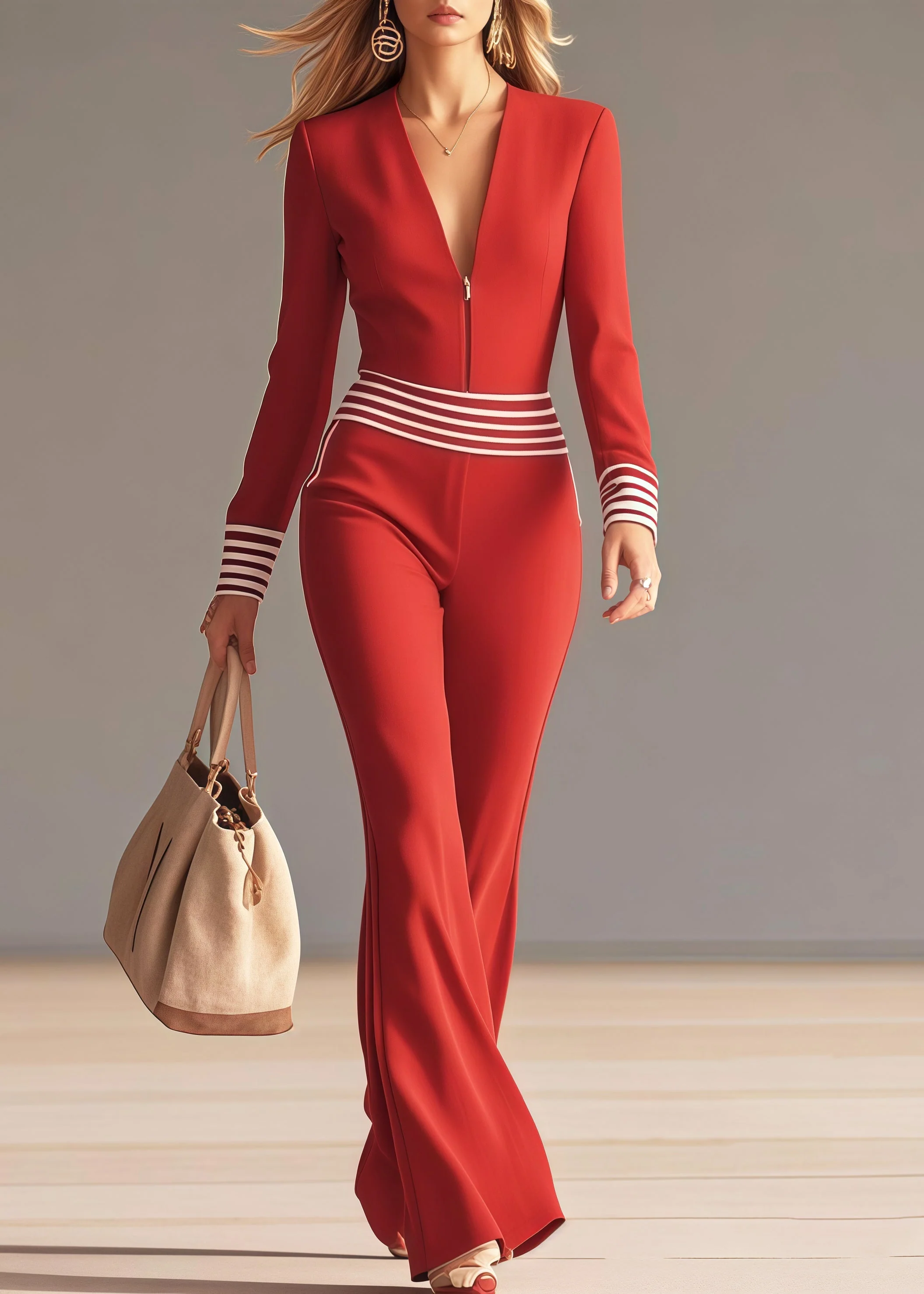 Silm Fit Red V Neck Patchwork Striped Chiffon Jumpsuits Spring