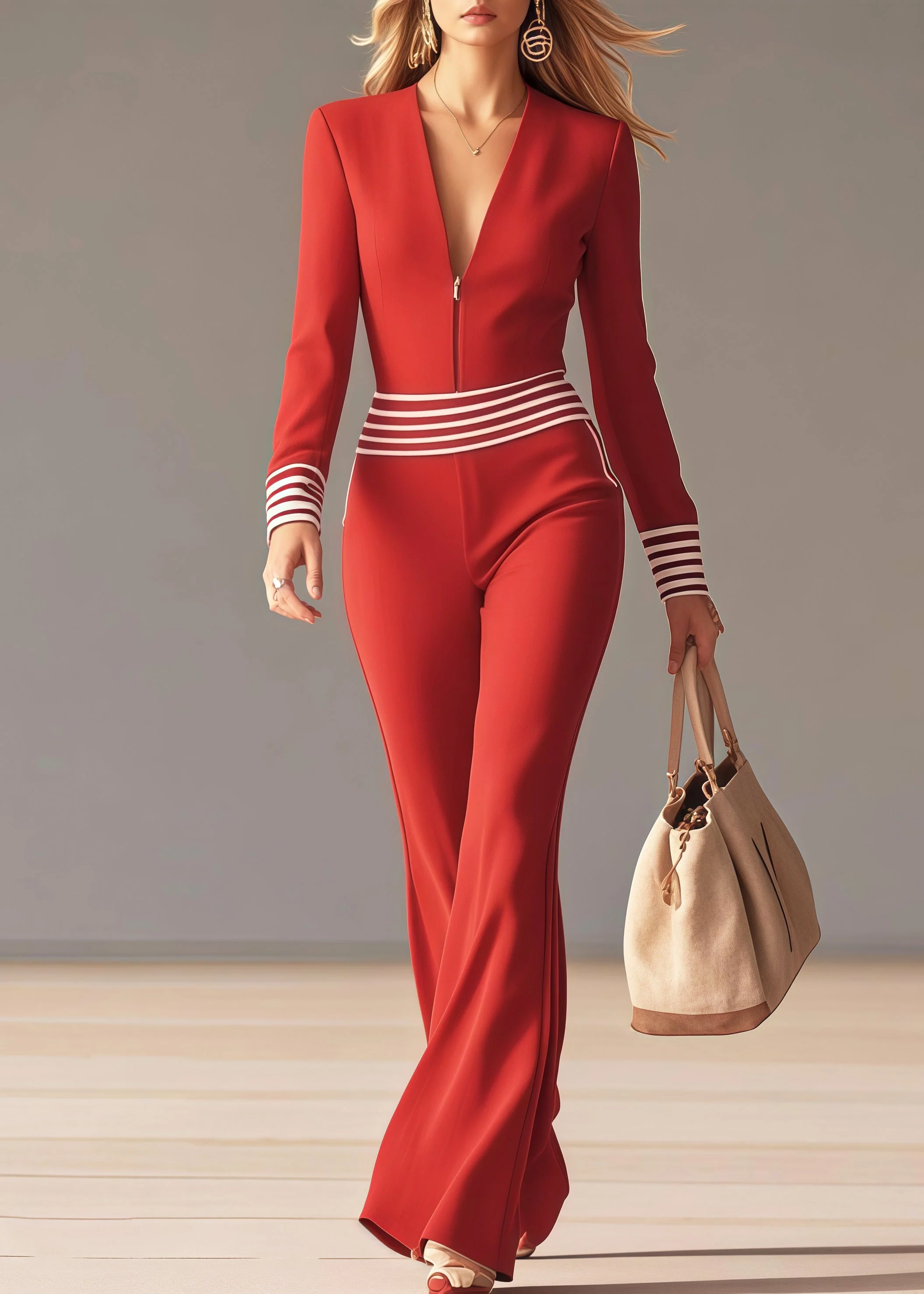 Silm Fit Red V Neck Patchwork Striped Chiffon Jumpsuits Spring - Image 3