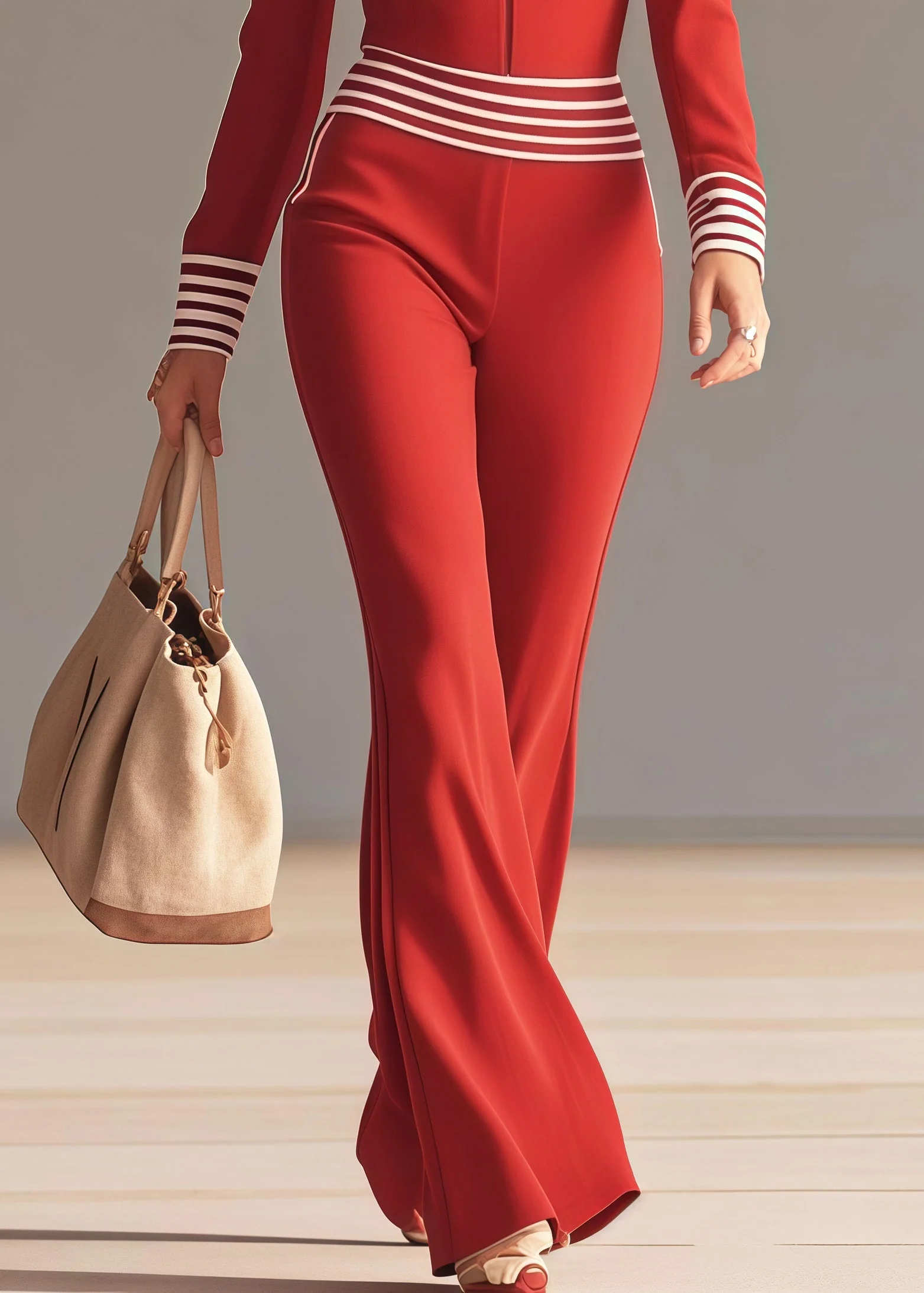 Silm Fit Red V Neck Patchwork Striped Chiffon Jumpsuits Spring - Image 4