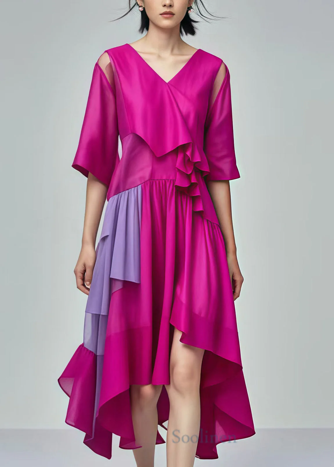 Silm Fit Rose Asymmetrical Patchwork Cotton Dresses Summer - Image 2