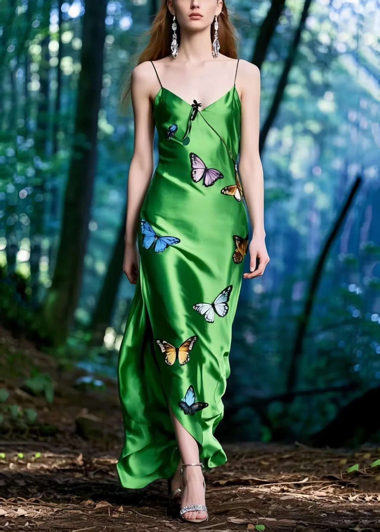 Silm Fit Tea Green Butterfly Side Open Silk Spaghetti Strap Dress Summer - Image 3