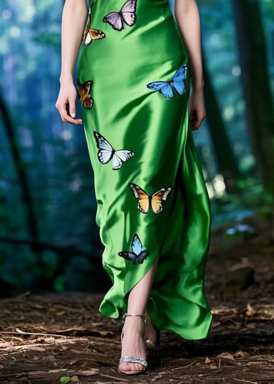 Silm Fit Tea Green Butterfly Side Open Silk Spaghetti Strap Dress Summer - Image 4