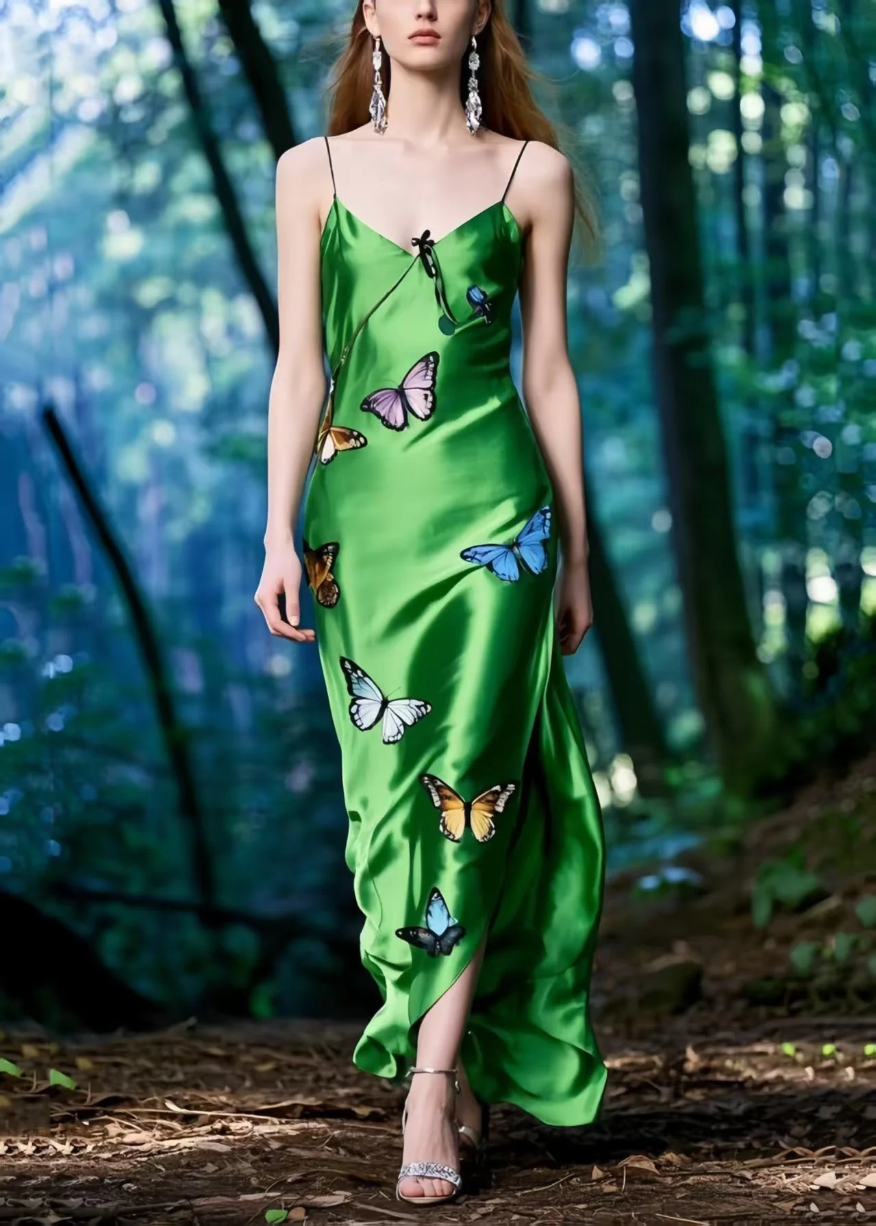 Silm Fit Tea Green Butterfly Side Open Silk Spaghetti Strap Dress Summer - Image 5