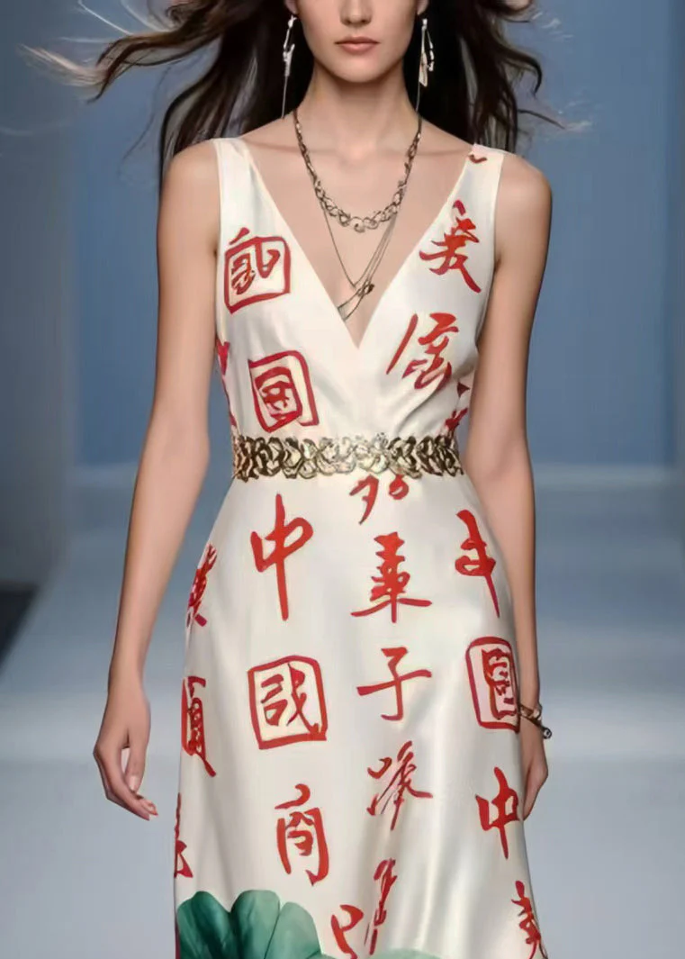 Silm Fit White Cinched Print Silk Long Dress Sleeveless - Image 2