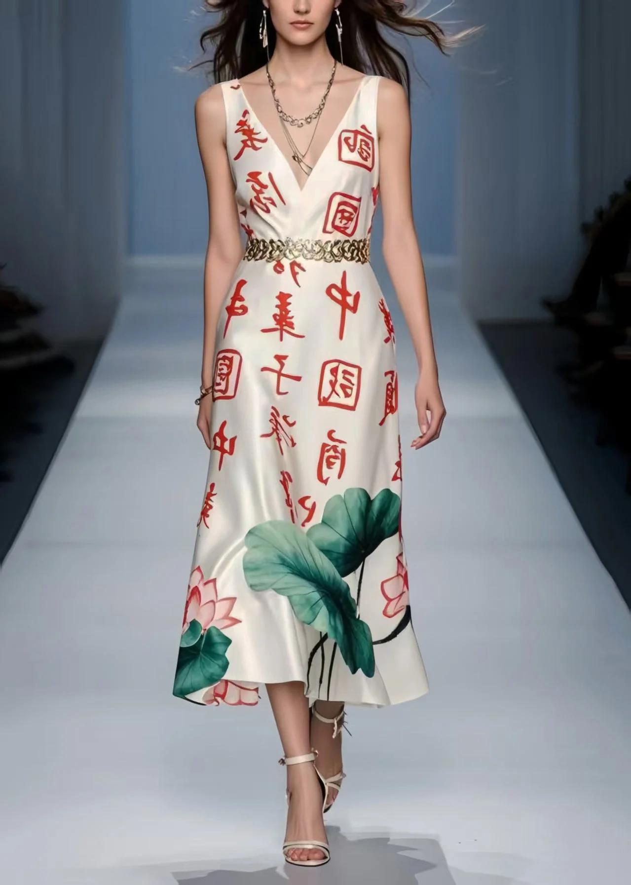 Silm Fit White Cinched Print Silk Long Dress Sleeveless - Image 3