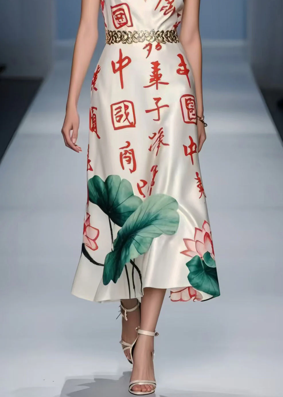 Silm Fit White Cinched Print Silk Long Dress Sleeveless - Image 4