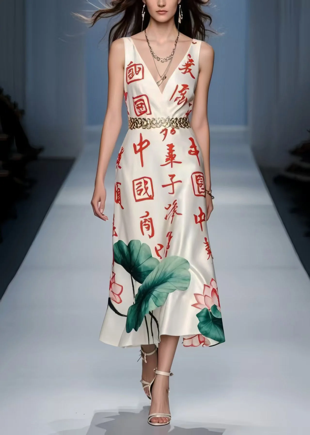Silm Fit White Cinched Print Silk Long Dress Sleeveless - Image 5