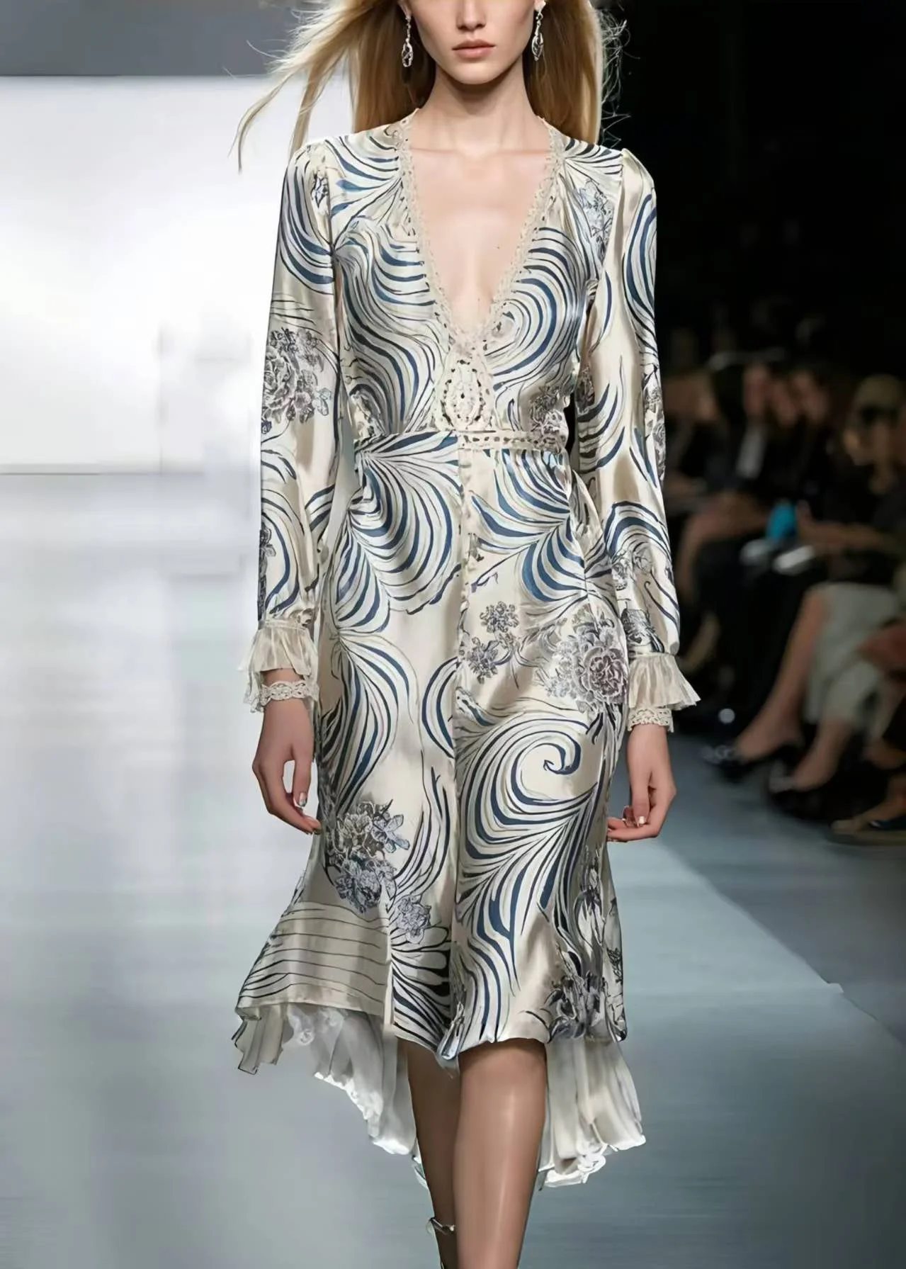 Silm Fit White V Neck Print Silk Long Dress Spring - Image 5