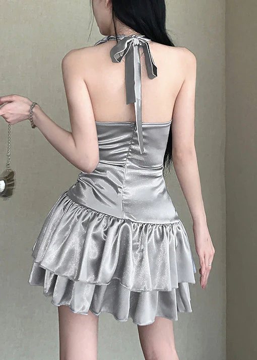 Silver Floral High Waist Sleeveless Dress Hollow Out - Image 4