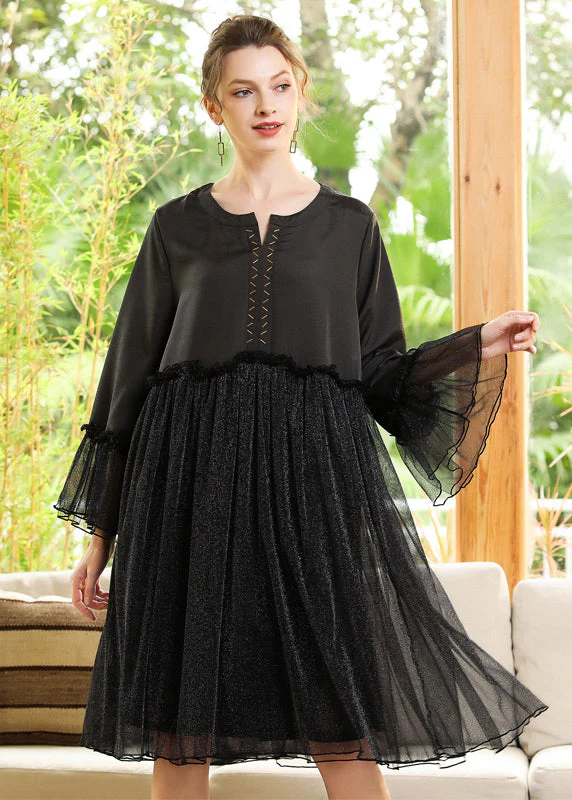 Silvery Sequins Exra Large Hem Patchwork Chiffon A Line Dress Spring - Image 2