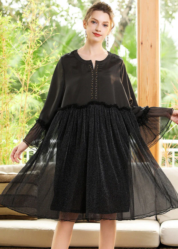 Silvery Sequins Exra Large Hem Patchwork Chiffon A Line Dress Spring - Image 3