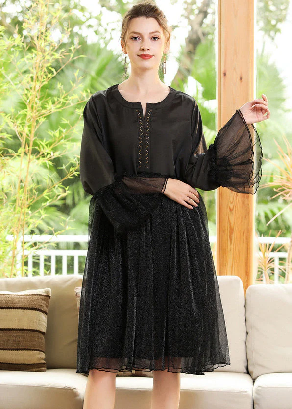 Silvery Sequins Exra Large Hem Patchwork Chiffon A Line Dress Spring - Image 4