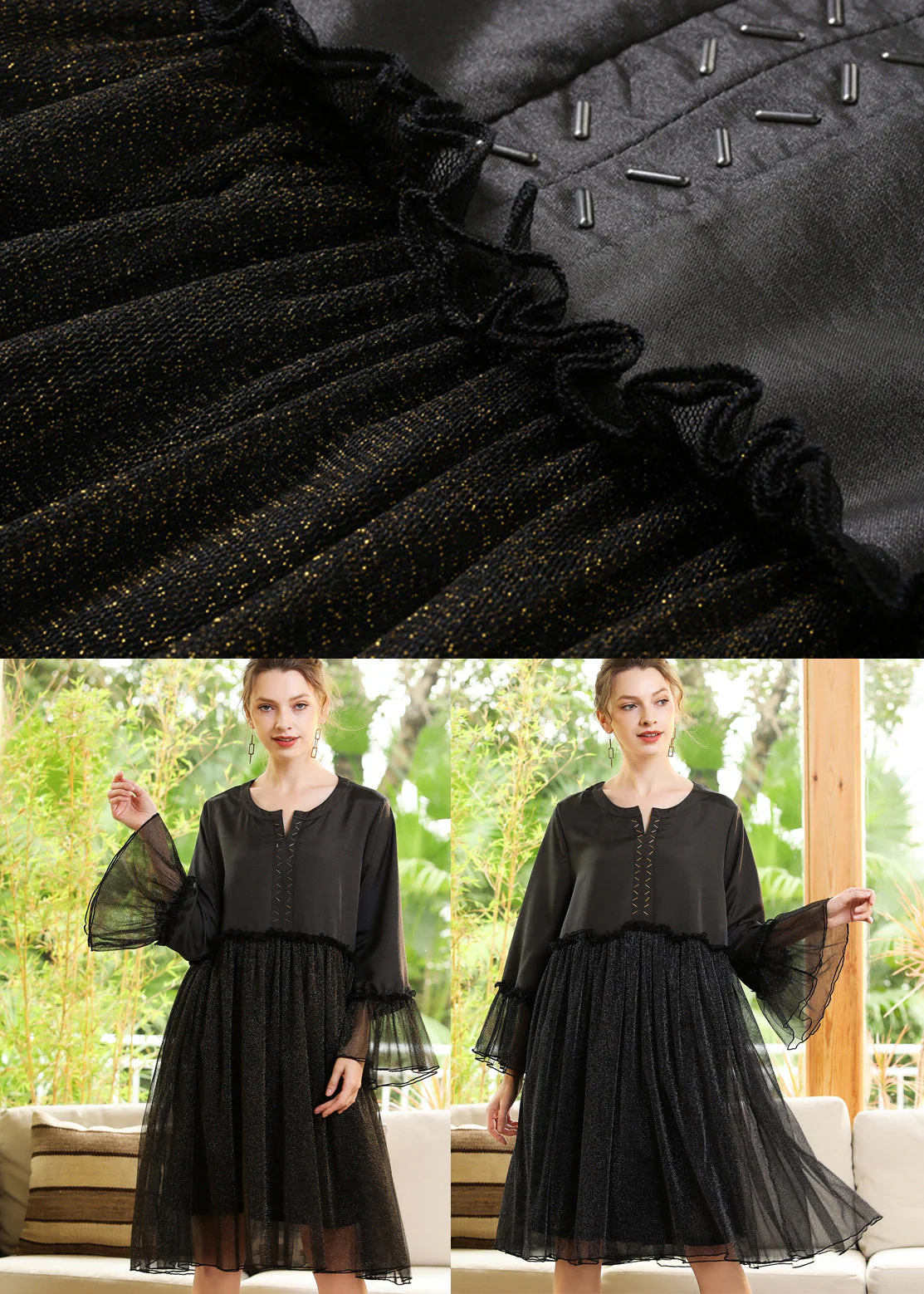 Silvery Sequins Exra Large Hem Patchwork Chiffon A Line Dress Spring - Image 5