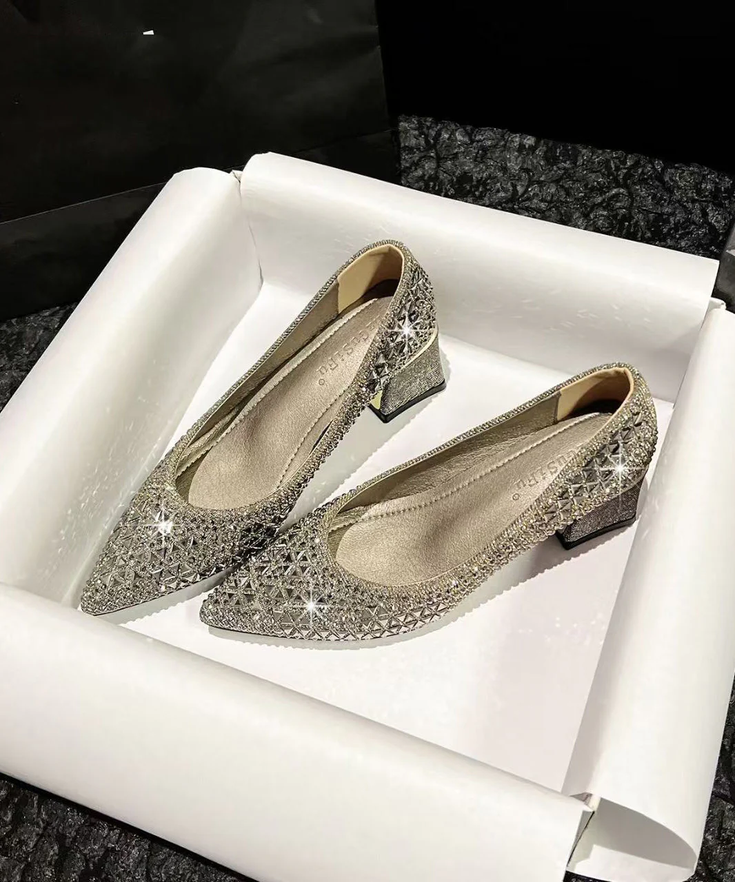 Silvery Sparkly High Heels Chunky Faux Leather Stylish High Heels - Image 3